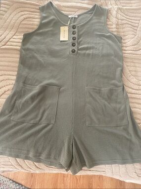 Sleeveless Olive Waffle Knit Romper with Front Buttons
